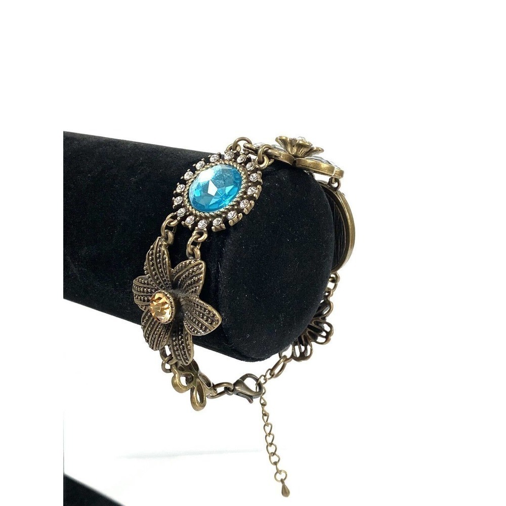 Bracelet Linked Flowers Rhinestones Antique Bronze 7”+ 1.5”